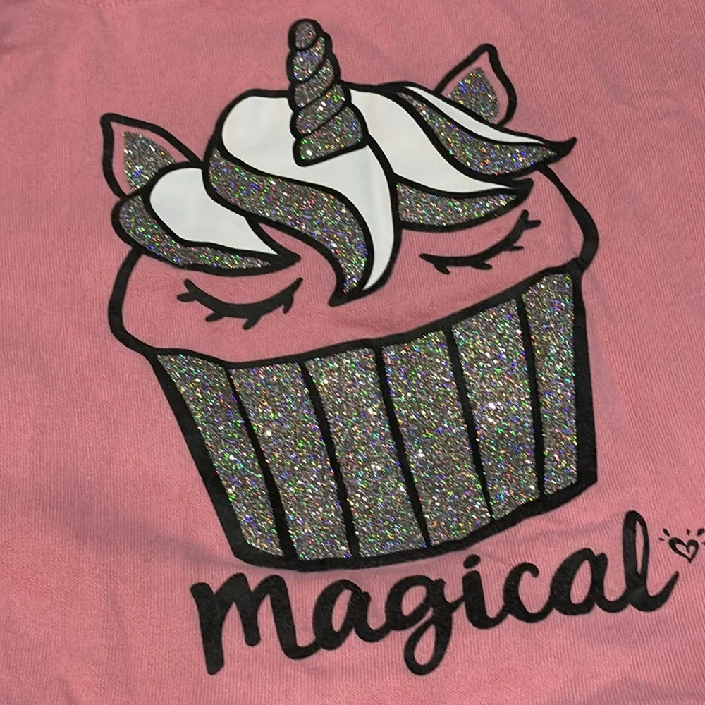 JUSTICE Magical Unicorn Cupcake Hoodie Pink Glitter Raw Hem Sweats | Girls Sz 10